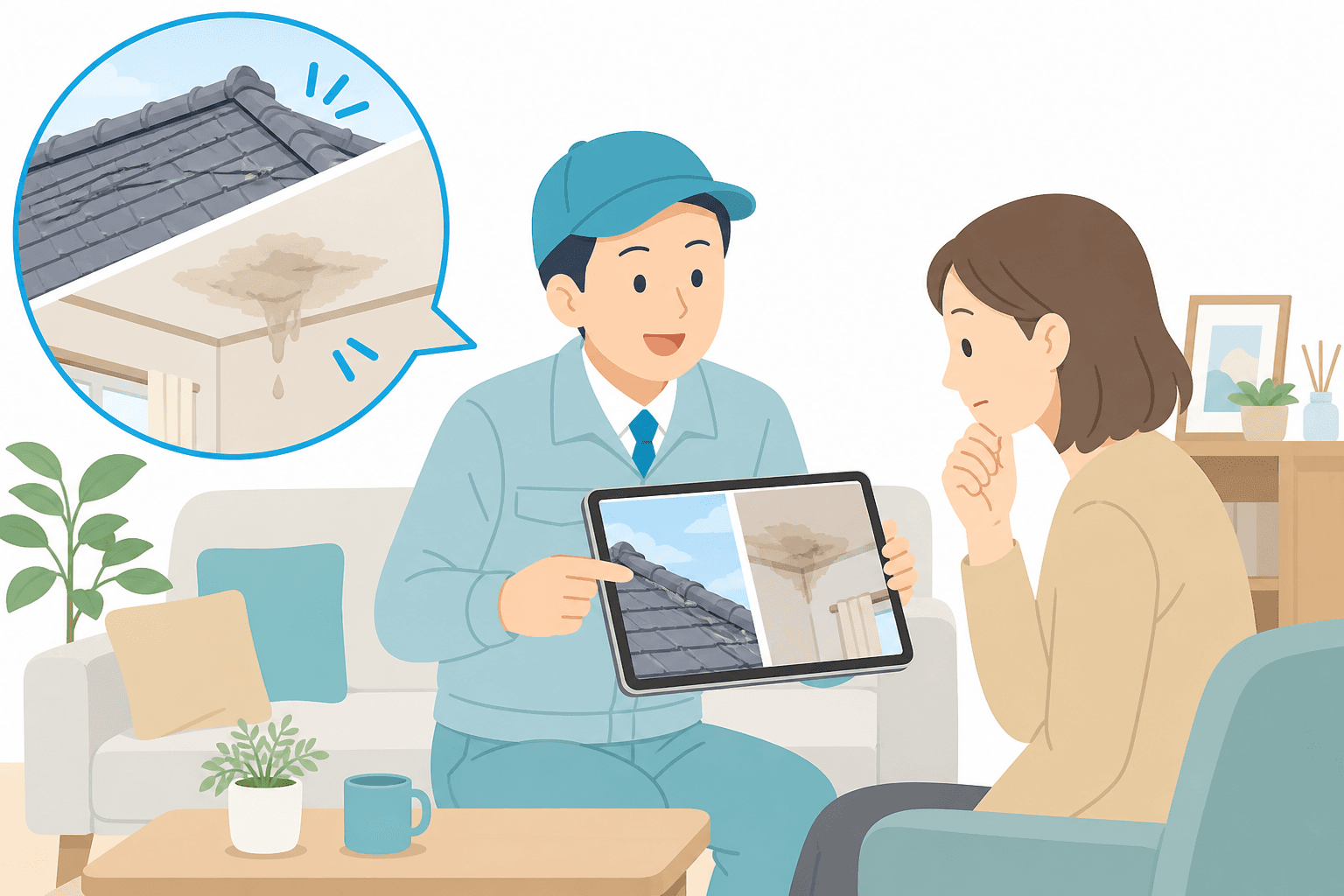 写真を使って設備の状態を説明するイラスト