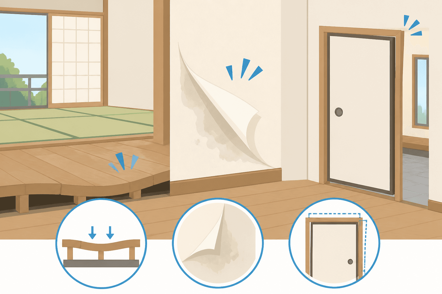 床や壁の傷みを表すイラスト