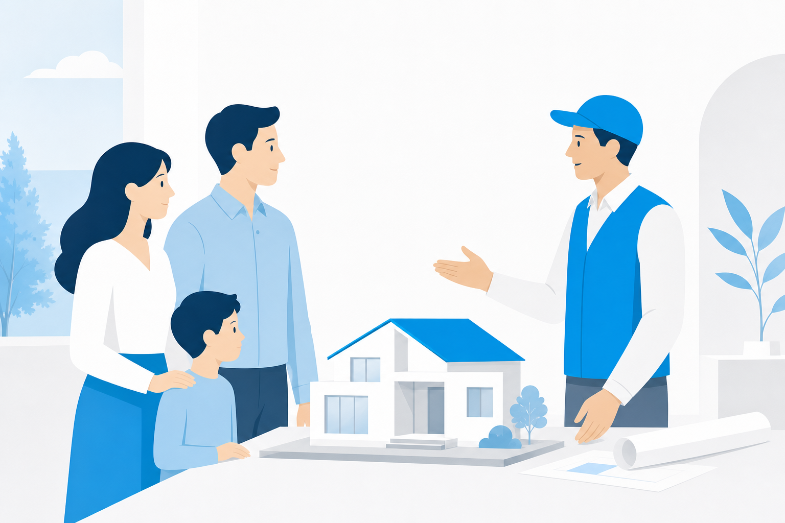 住宅模型を用いてご家族へ説明する様子